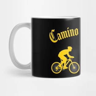 Camino de Santiago Typography Man Riding a  Bicycle Yellow Arrow Scallop Shell Red Cross Mug